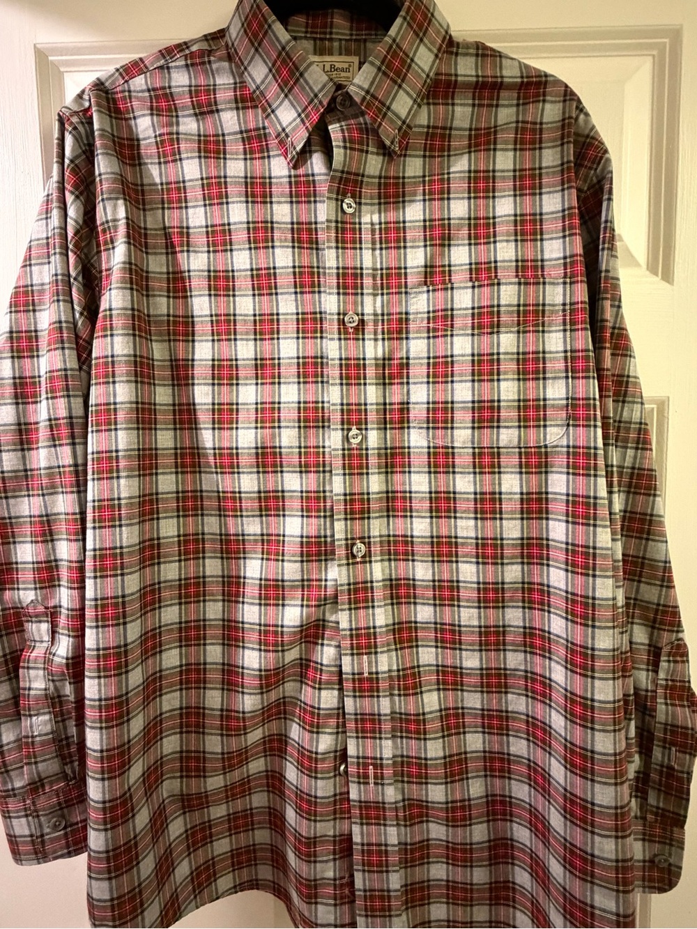 L.L. Bean Men's Red, Gray and Green Plaid Button-Down Shirt